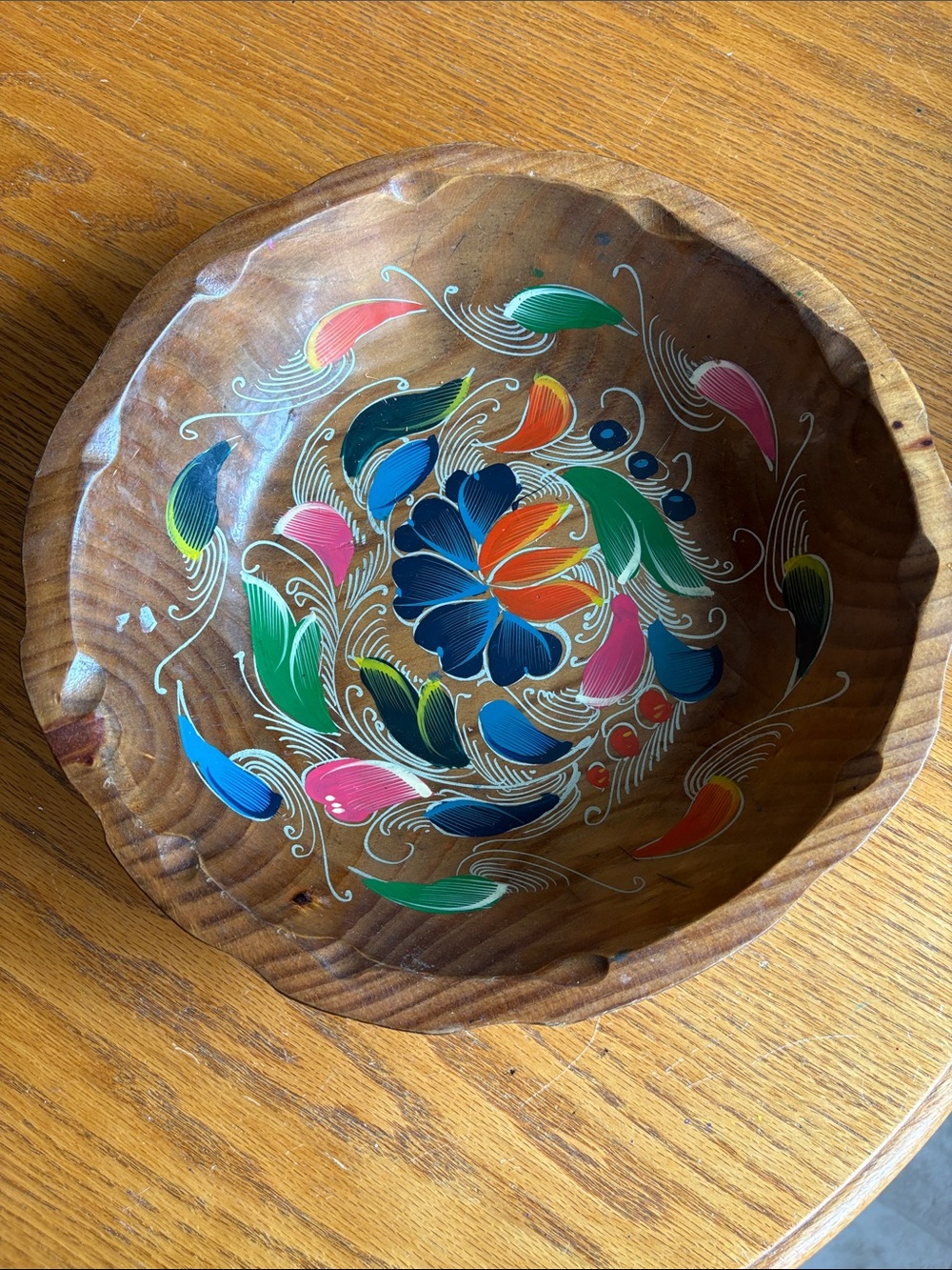 Wooden Decorative Bowl with Multicolor Floral Design